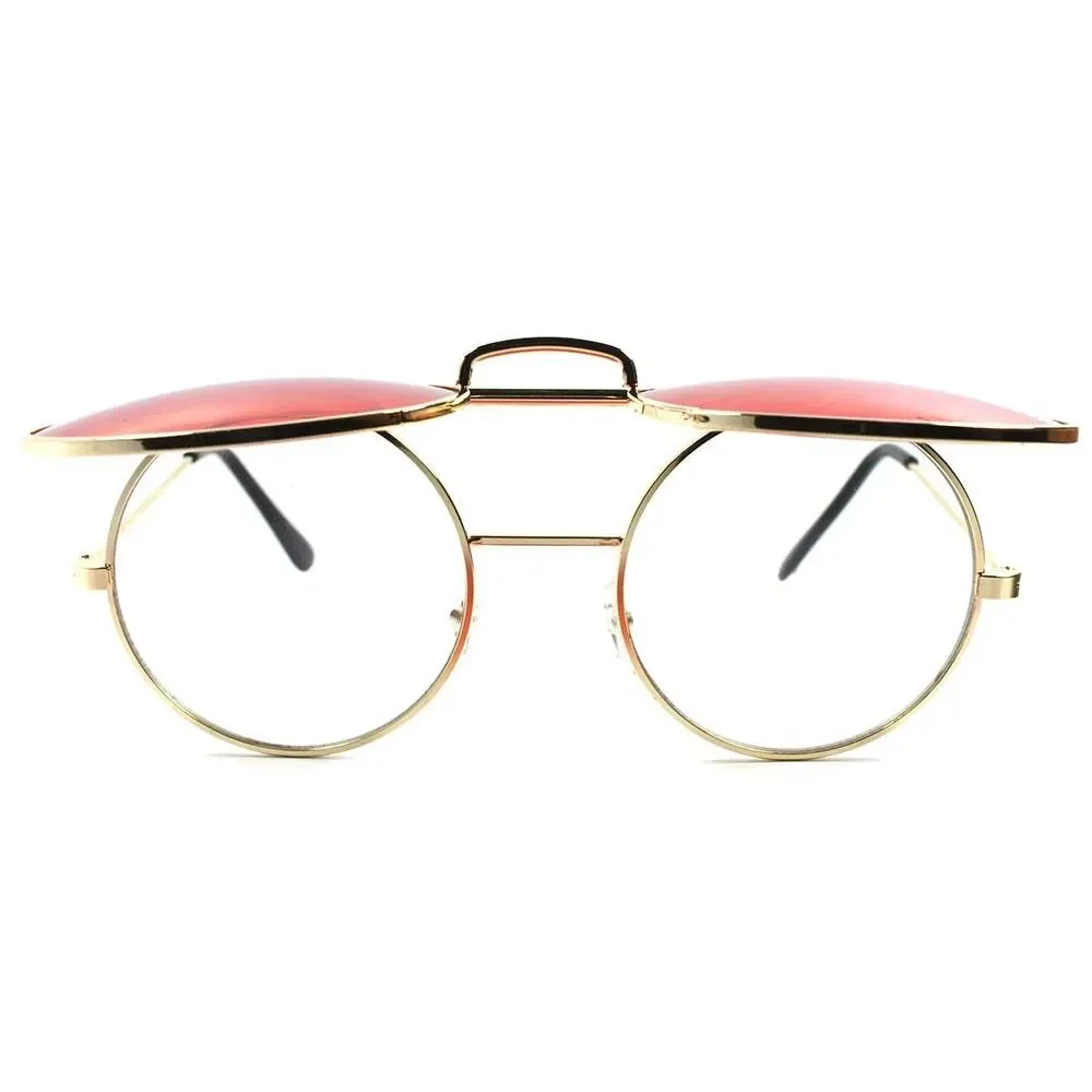 Retro Style Mens Womens Django Lennon Gold Flip Up Red Lens Round Sunglasses